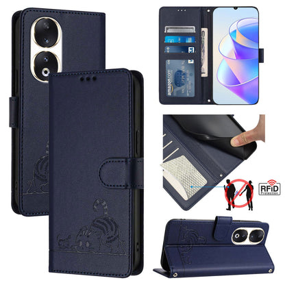 Honor 90 5G Leather Phone Case with Cat and Rat Embossed Pattern, RFID Protection, Card Holder Slots, Anti-fall Feature & Lanyard