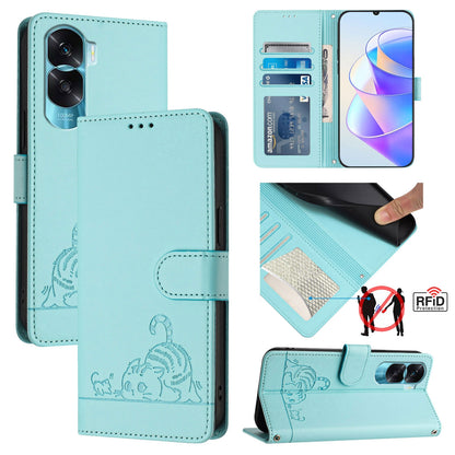 Honor X50i 5G Leather Phone Case with Cat and Rat Embossed Pattern, RFID Protection, Card Holder Slots, Anti-fall Feature & Lanyard