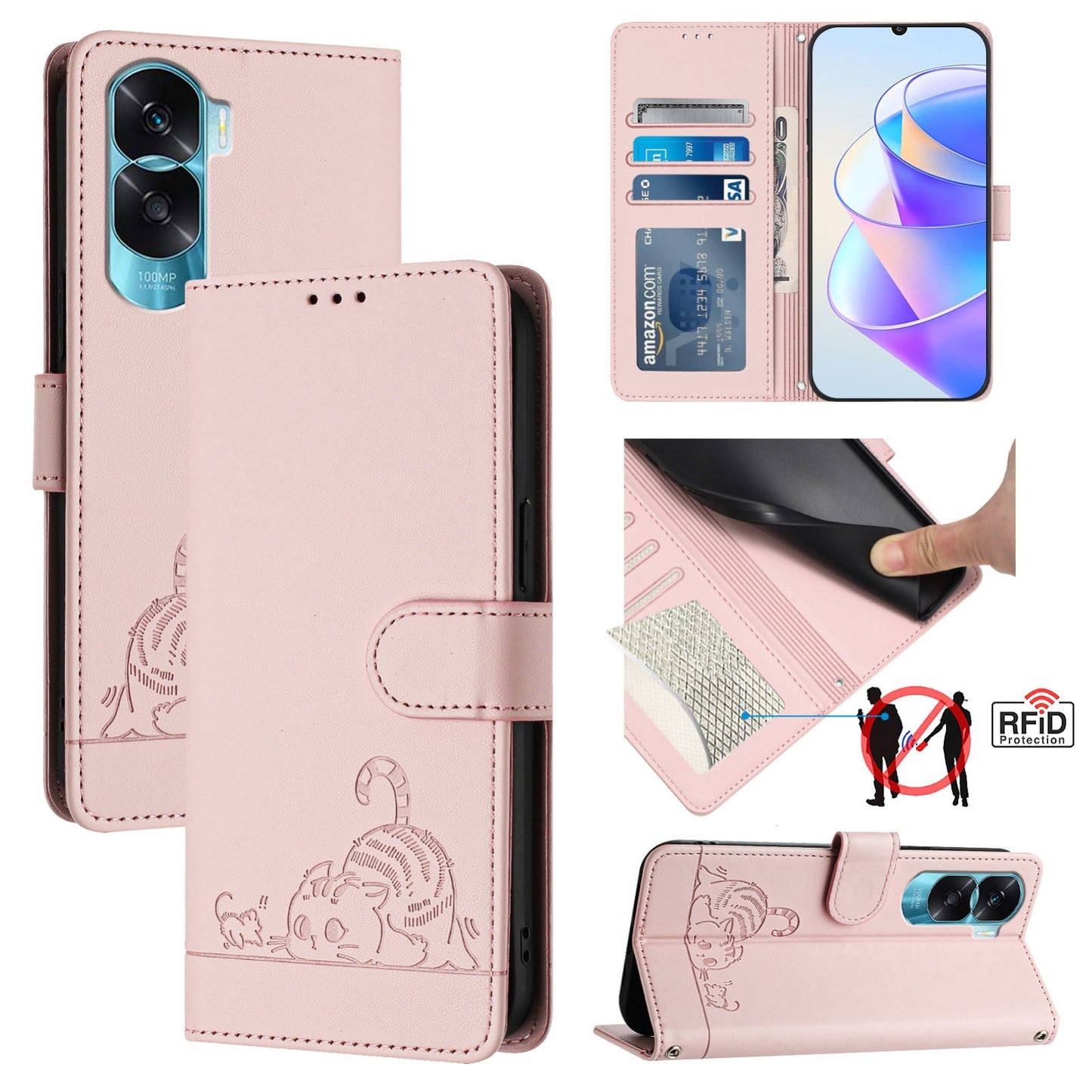 Honor 90 Lite 5G Leather Phone Case with Cat and Rat Embossed Pattern, RFID Protection, Card Holder Slots, Anti-fall Feature & Lanyard