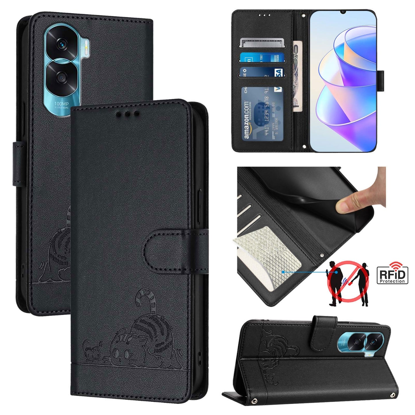 Honor X50i 5G Leather Phone Case with Cat and Rat Embossed Pattern, RFID Protection, Card Holder Slots, Anti-fall Feature & Lanyard