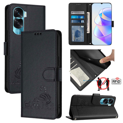 Honor X50i 5G Leather Phone Case with Cat and Rat Embossed Pattern, RFID Protection, Card Holder Slots, Anti-fall Feature & Lanyard