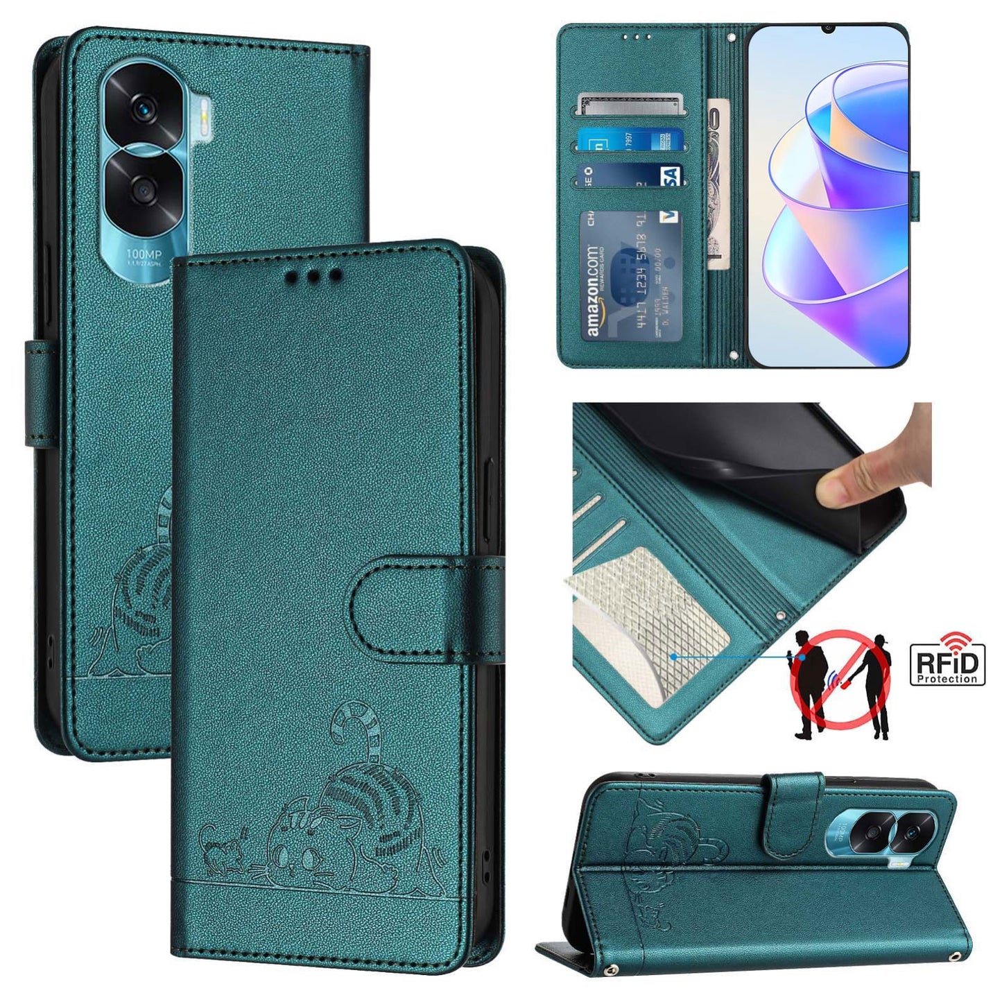 Honor 90 Lite 5G Leather Phone Case with Cat and Rat Embossed Pattern, RFID Protection, Card Holder Slots, Anti-fall Feature & Lanyard