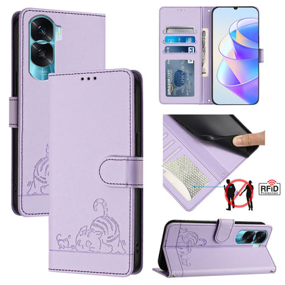Honor 90 Lite 5G Leather Phone Case with Cat and Rat Embossed Pattern, RFID Protection, Card Holder Slots, Anti-fall Feature & Lanyard