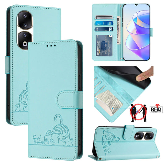 Honor 90 Pro 5G Leather Phone Case with Cat and Rat Embossed Pattern, RFID Protection, Card Holder Slots, Anti-fall Feature & Lanyard