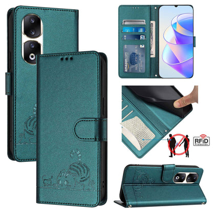 Honor 90 Pro 5G Leather Phone Case with Cat and Rat Embossed Pattern, RFID Protection, Card Holder Slots, Anti-fall Feature & Lanyard