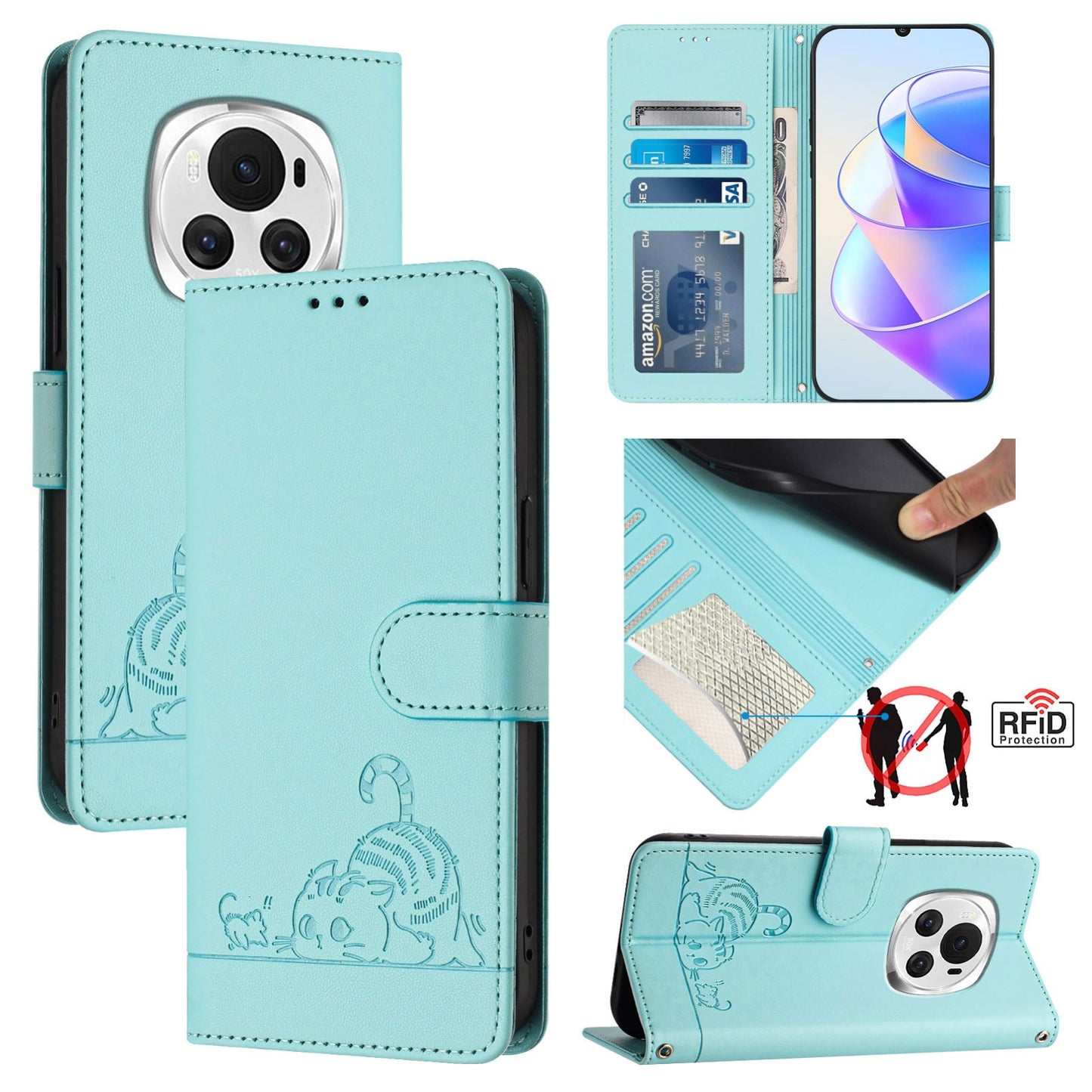 Honor Magic6 5G Global Leather Phone Case with Cat and Rat Embossed Pattern, RFID Protection, Card Holder Slots, Anti-fall Feature & Lanyard
