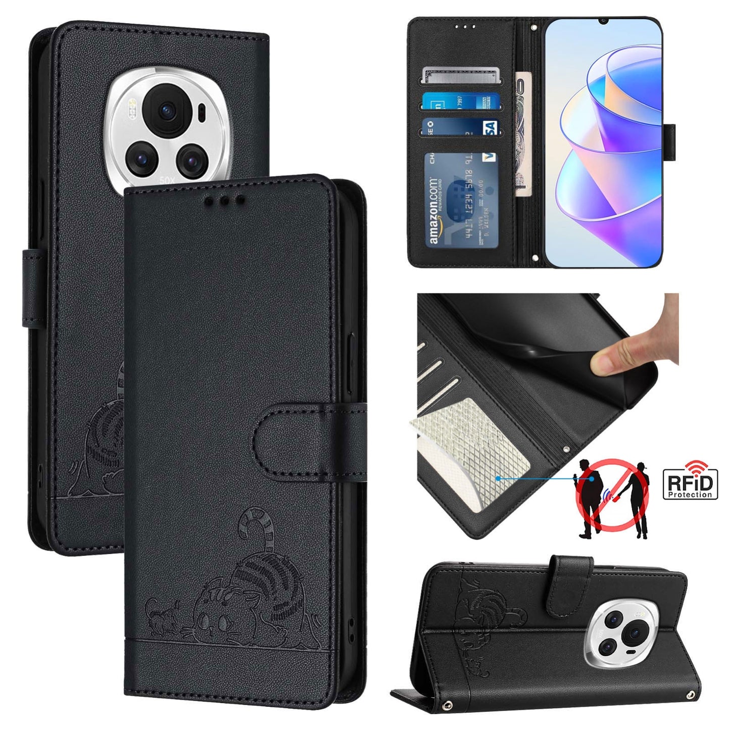 Honor Magic6 5G Global Leather Phone Case with Cat and Rat Embossed Pattern, RFID Protection, Card Holder Slots, Anti-fall Feature & Lanyard