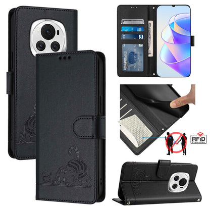 Honor Magic6 5G Global Leather Phone Case with Cat and Rat Embossed Pattern, RFID Protection, Card Holder Slots, Anti-fall Feature & Lanyard