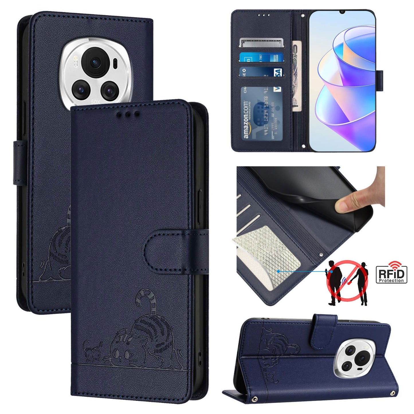 Honor Magic6 5G Global Leather Phone Case with Cat and Rat Embossed Pattern, RFID Protection, Card Holder Slots, Anti-fall Feature & Lanyard