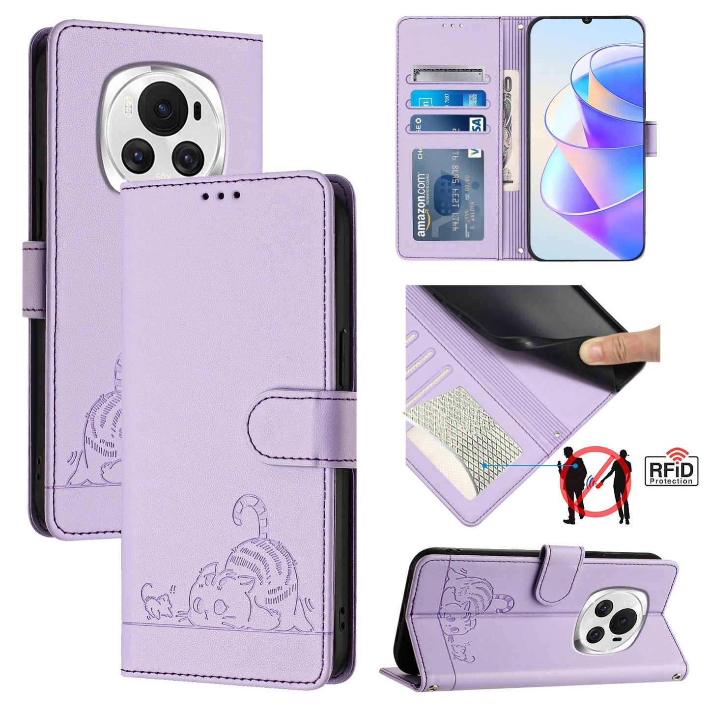 Honor Magic6 5G Global Leather Phone Case with Cat and Rat Embossed Pattern, RFID Protection, Card Holder Slots, Anti-fall Feature & Lanyard