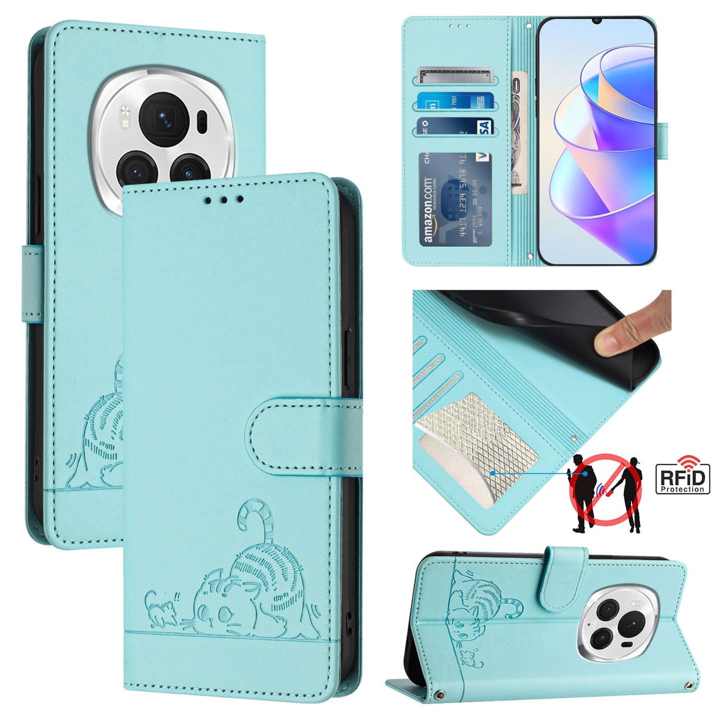 Honor Magic6 Pro 5G Global Leather Phone Case with Cat and Rat Embossed Pattern, RFID Protection, Card Holder Slots, Anti-fall Feature & Lanyard