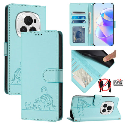 Honor Magic6 Pro 5G Global Leather Phone Case with Cat and Rat Embossed Pattern, RFID Protection, Card Holder Slots, Anti-fall Feature & Lanyard