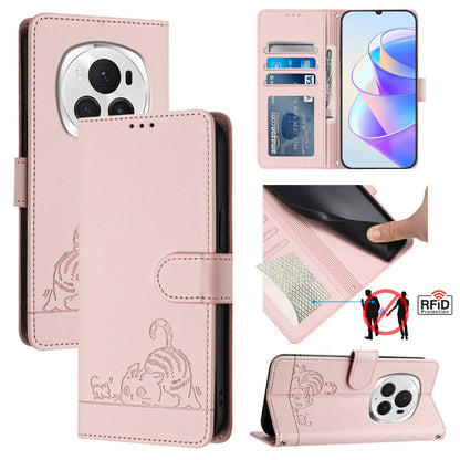 Honor Magic6 Pro 5G Global Leather Phone Case with Cat and Rat Embossed Pattern, RFID Protection, Card Holder Slots, Anti-fall Feature & Lanyard