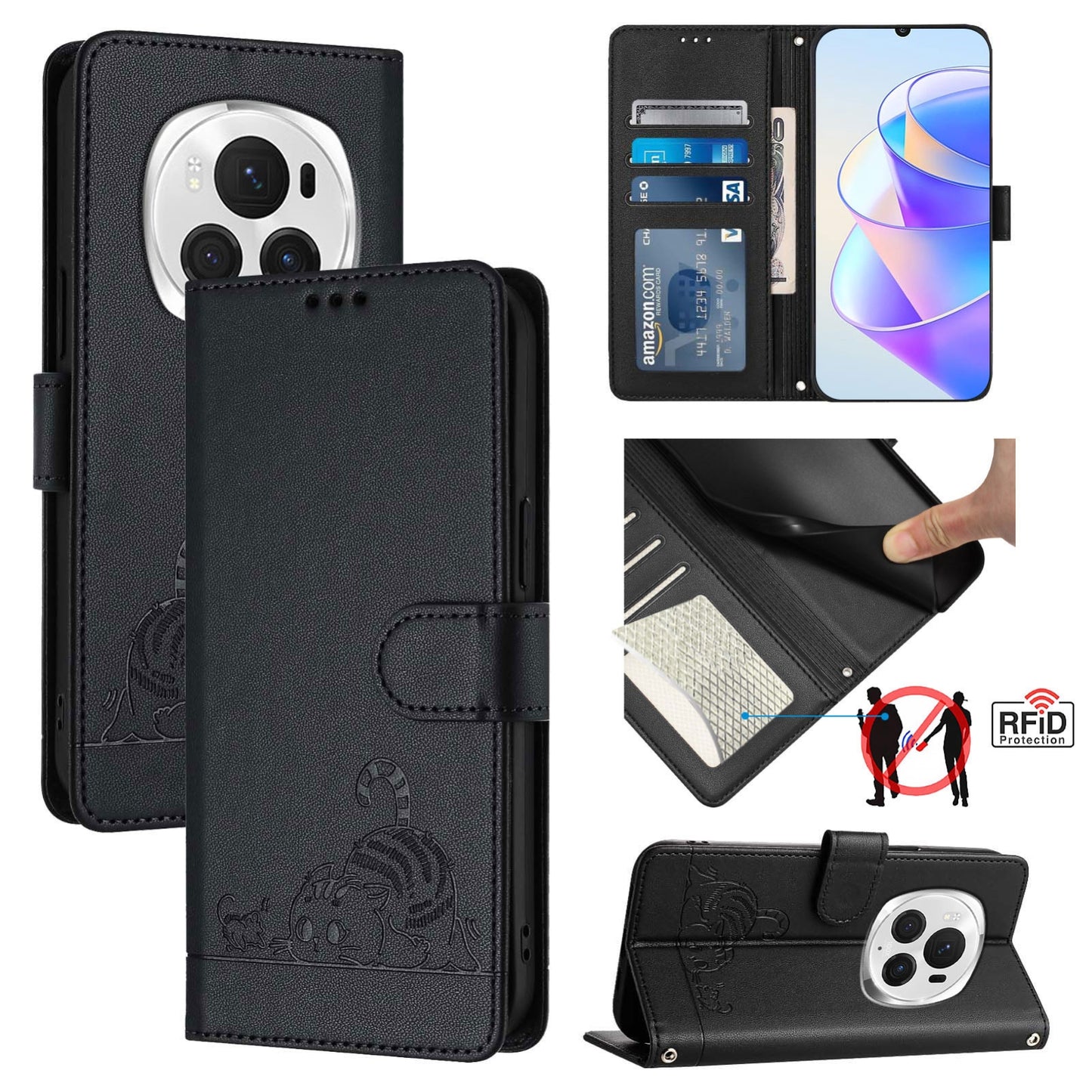 Honor Magic6 Pro 5G Global Leather Phone Case with Cat and Rat Embossed Pattern, RFID Protection, Card Holder Slots, Anti-fall Feature & Lanyard