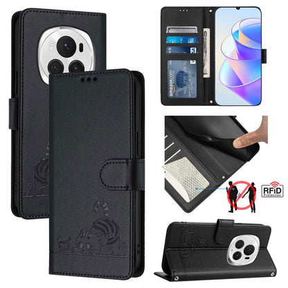 Honor Magic6 Pro 5G Global Leather Phone Case with Cat and Rat Embossed Pattern, RFID Protection, Card Holder Slots, Anti-fall Feature & Lanyard