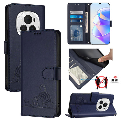 Honor Magic6 Pro 5G Global Leather Phone Case with Cat and Rat Embossed Pattern, RFID Protection, Card Holder Slots, Anti-fall Feature & Lanyard