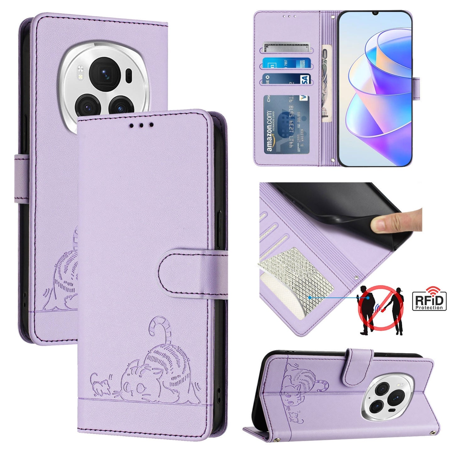 Honor Magic6 Pro 5G Global Leather Phone Case with Cat and Rat Embossed Pattern, RFID Protection, Card Holder Slots, Anti-fall Feature & Lanyard