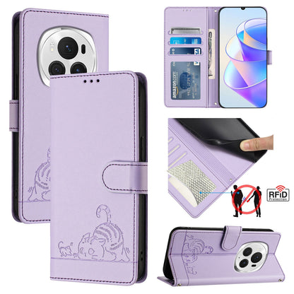 Honor Magic6 Pro 5G Global Leather Phone Case with Cat and Rat Embossed Pattern, RFID Protection, Card Holder Slots, Anti-fall Feature & Lanyard