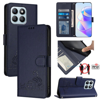 Honor X6a 4G Leather Phone Case with Cat and Rat Embossed Pattern, RFID Protection, Card Holder Slots, Anti-fall Feature & Lanyard