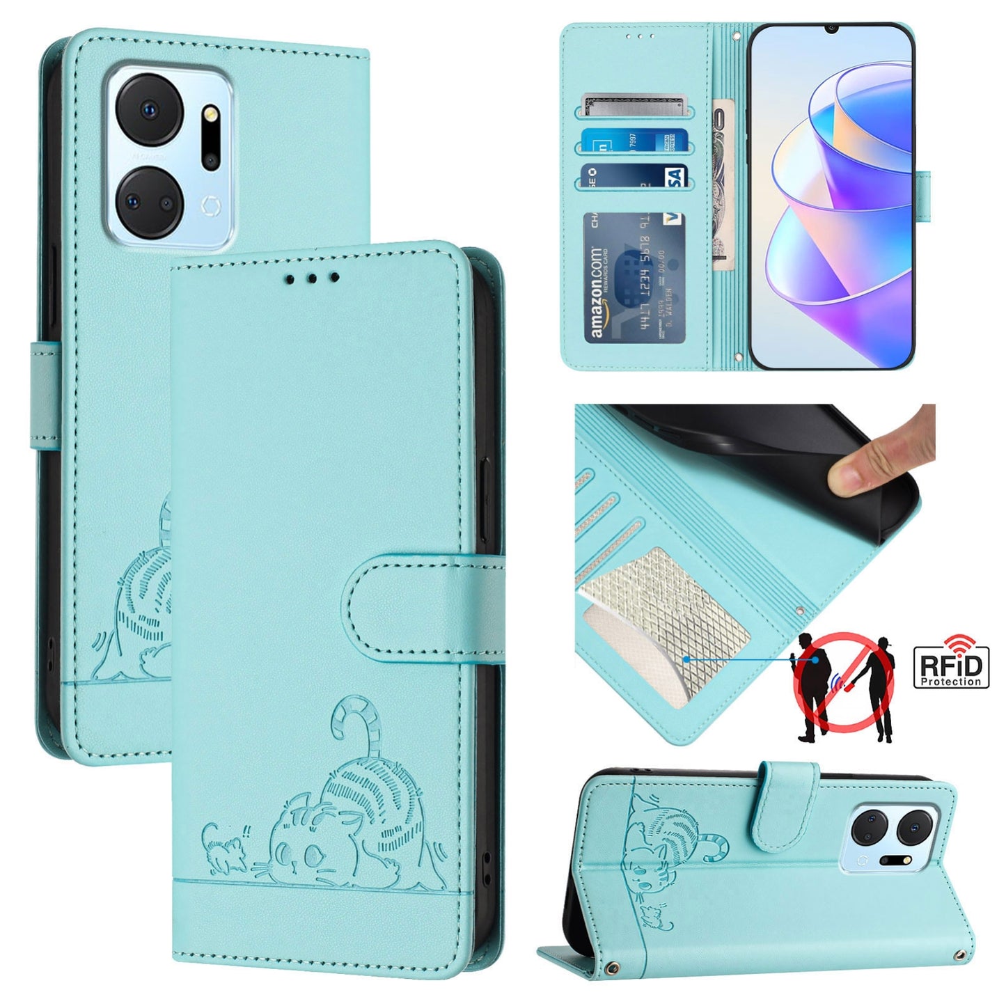 Honor Play7T 5G Leather Phone Case with Cat and Rat Embossed Pattern, RFID Protection, Card Holder Slots, Anti-fall Feature & Lanyard