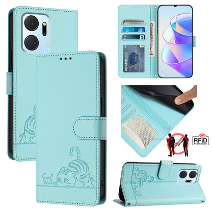 Honor Play7T 5G Leather Phone Case with Cat and Rat Embossed Pattern, RFID Protection, Card Holder Slots, Anti-fall Feature & Lanyard