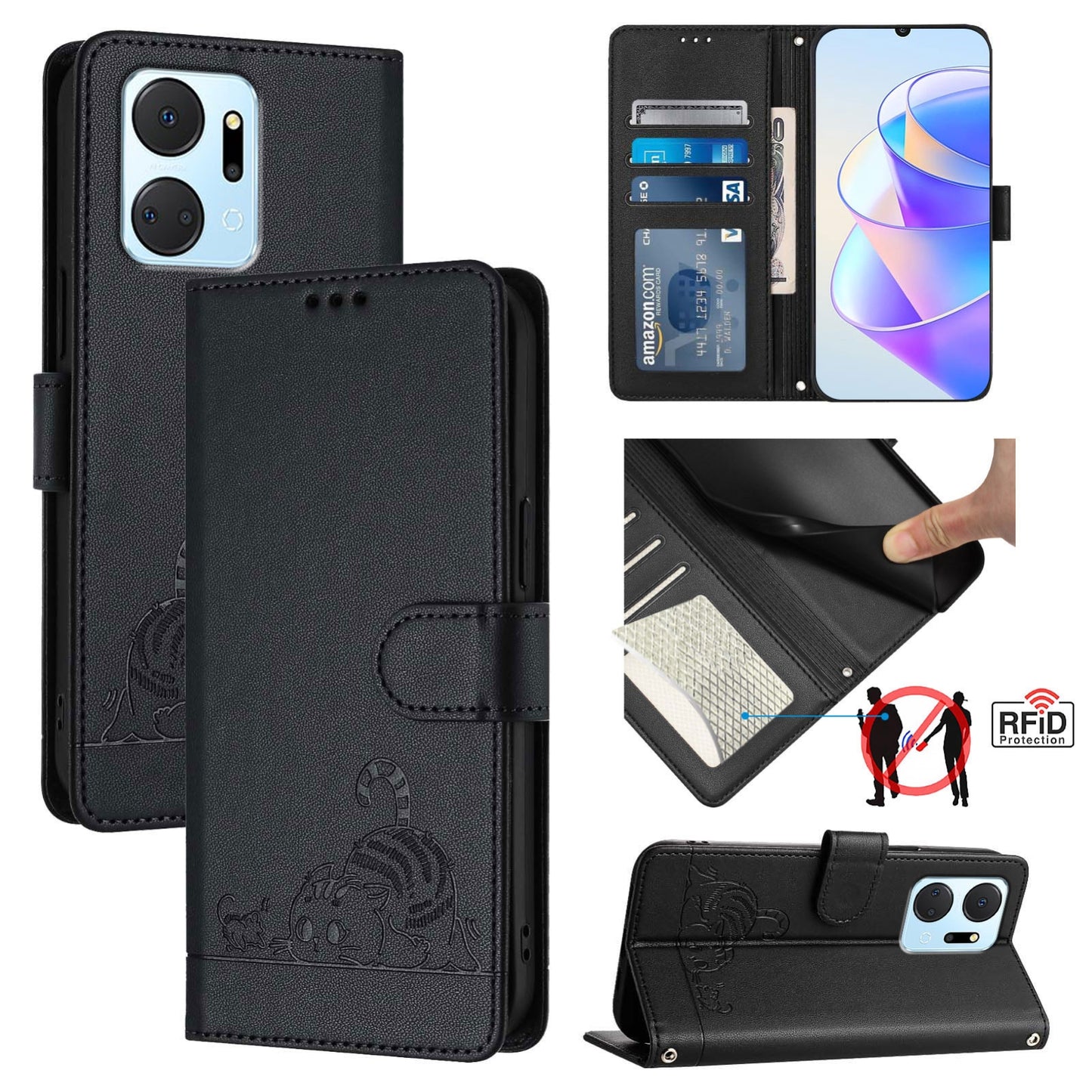 Honor X7a 4G Leather Phone Case with Cat and Rat Embossed Pattern, RFID Protection, Card Holder Slots, Anti-fall Feature & Lanyard