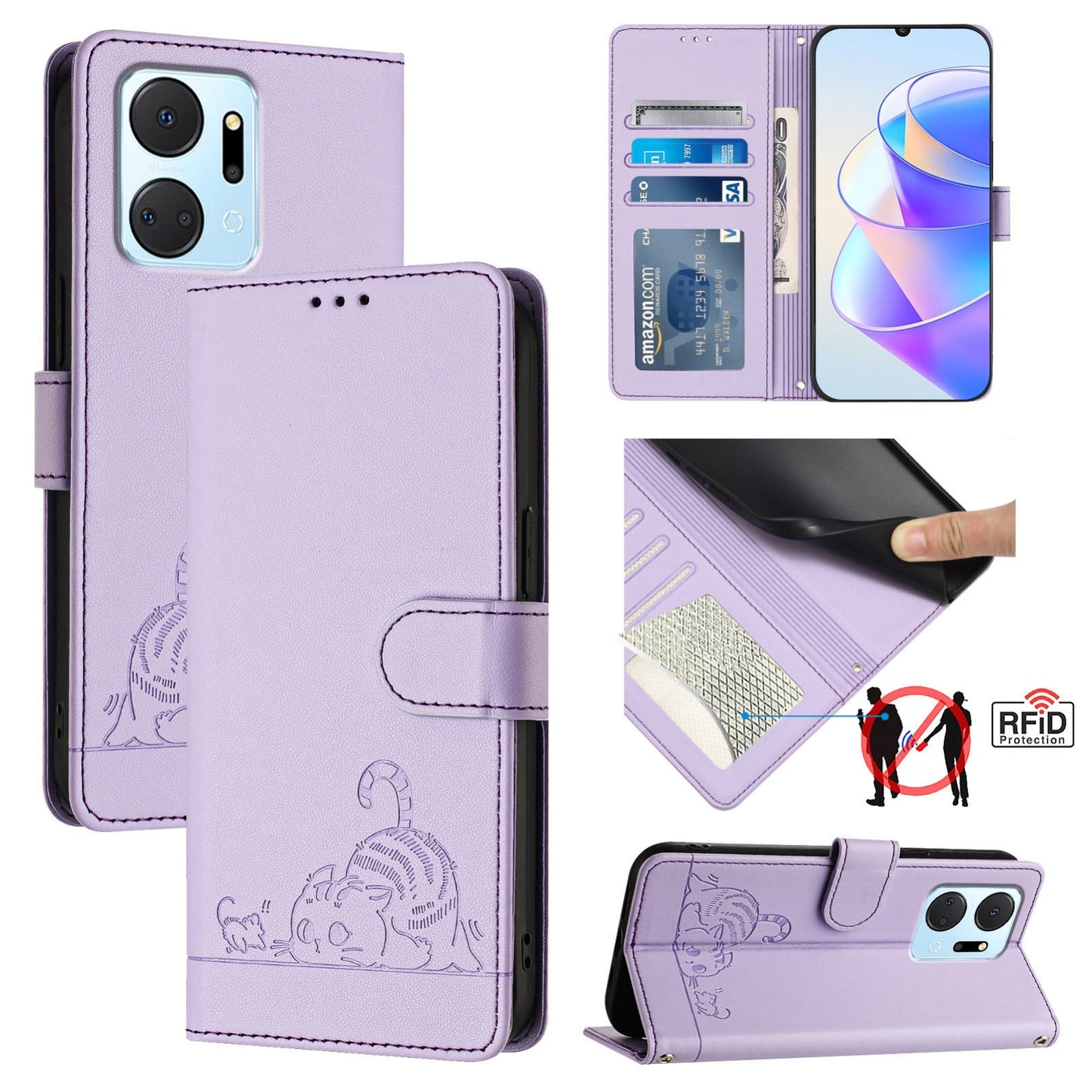 Honor X7a 4G Leather Phone Case with Cat and Rat Embossed Pattern, RFID Protection, Card Holder Slots, Anti-fall Feature & Lanyard