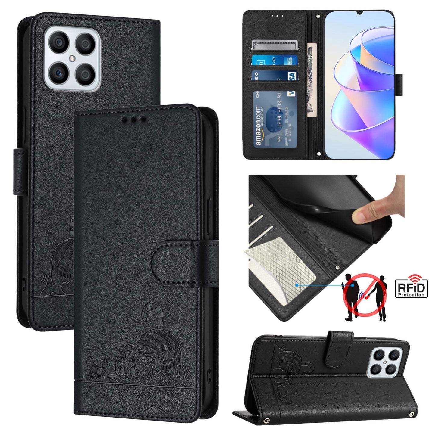 Honor X8 4G Leather Phone Case with Cat and Rat Embossed Pattern, RFID Protection, Card Holder Slots, Anti-fall Feature & Lanyard