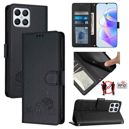 Honor X8 4G Leather Phone Case with Cat and Rat Embossed Pattern, RFID Protection, Card Holder Slots, Anti-fall Feature & Lanyard