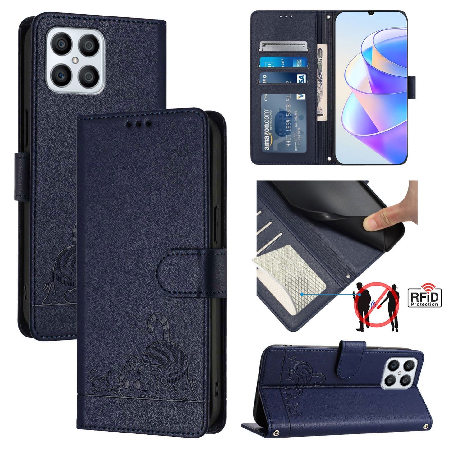 Honor X8 4G Leather Phone Case with Cat and Rat Embossed Pattern, RFID Protection, Card Holder Slots, Anti-fall Feature & Lanyard