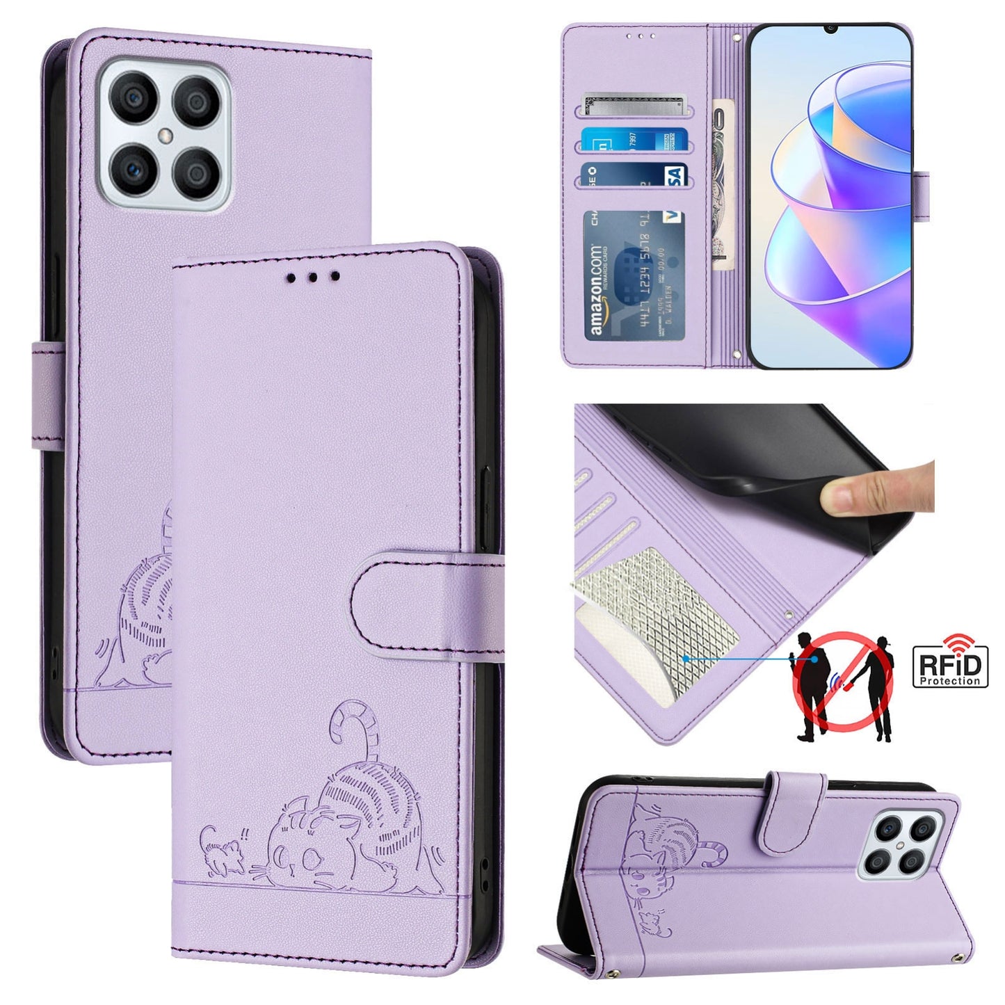 Honor X30i 5G Leather Phone Case with Cat and Rat Embossed Pattern, RFID Protection, Card Holder Slots, Anti-fall Feature & Lanyard