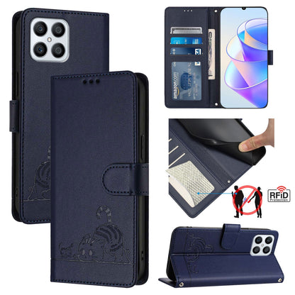 Honor Play6T Pro 5G Leather Phone Case with Cat and Rat Embossed Pattern, RFID Protection, Card Holder Slots, Anti-fall Feature & Lanyard