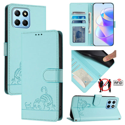 Honor X8 5G Global Leather Phone Case with Cat and Rat Embossed Pattern, RFID Protection, Card Holder Slots, Anti-fall Feature & Lanyard
