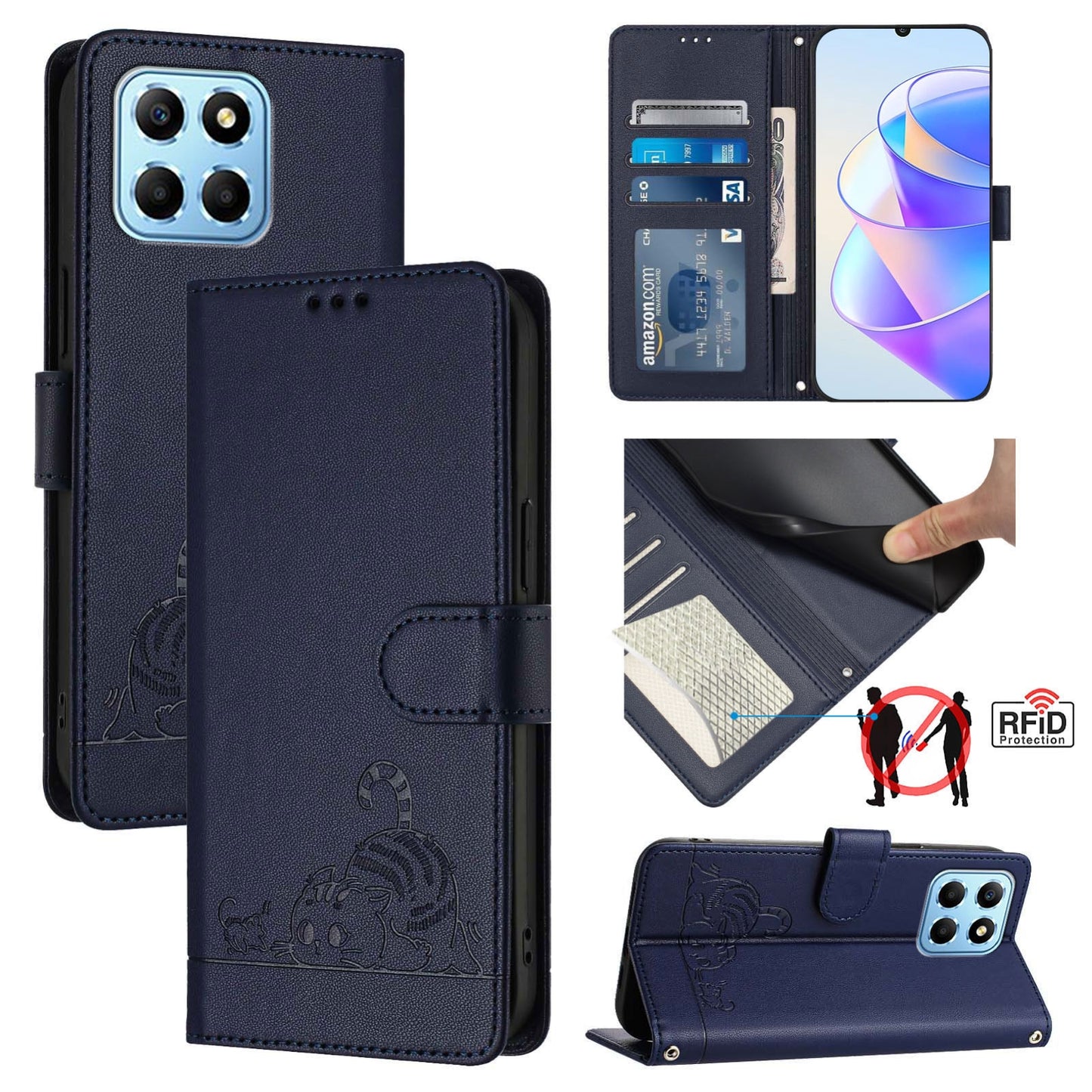 Honor X6 4G Global Leather Phone Case with Cat and Rat Embossed Pattern, RFID Protection, Card Holder Slots, Anti-fall Feature & Lanyard