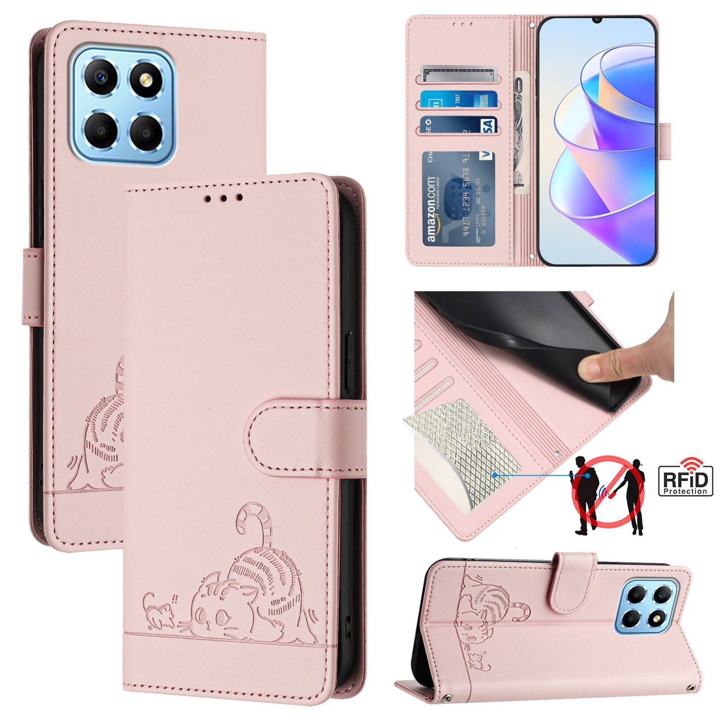 Honor 70 Lite 5G Global Leather Phone Case with Cat and Rat Embossed Pattern, RFID Protection, Card Holder Slots, Anti-fall Feature & Lanyard