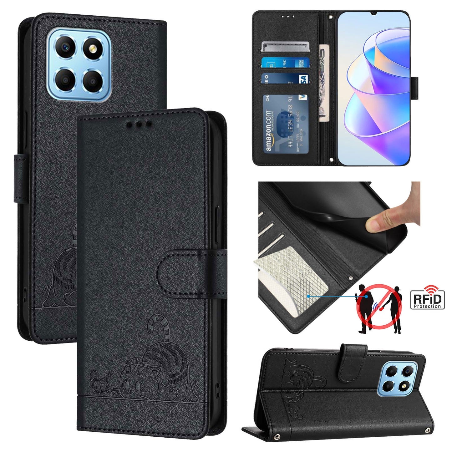 Honor X6s 4G Global Leather Phone Case with Cat and Rat Embossed Pattern, RFID Protection, Card Holder Slots, Anti-fall Feature & Lanyard