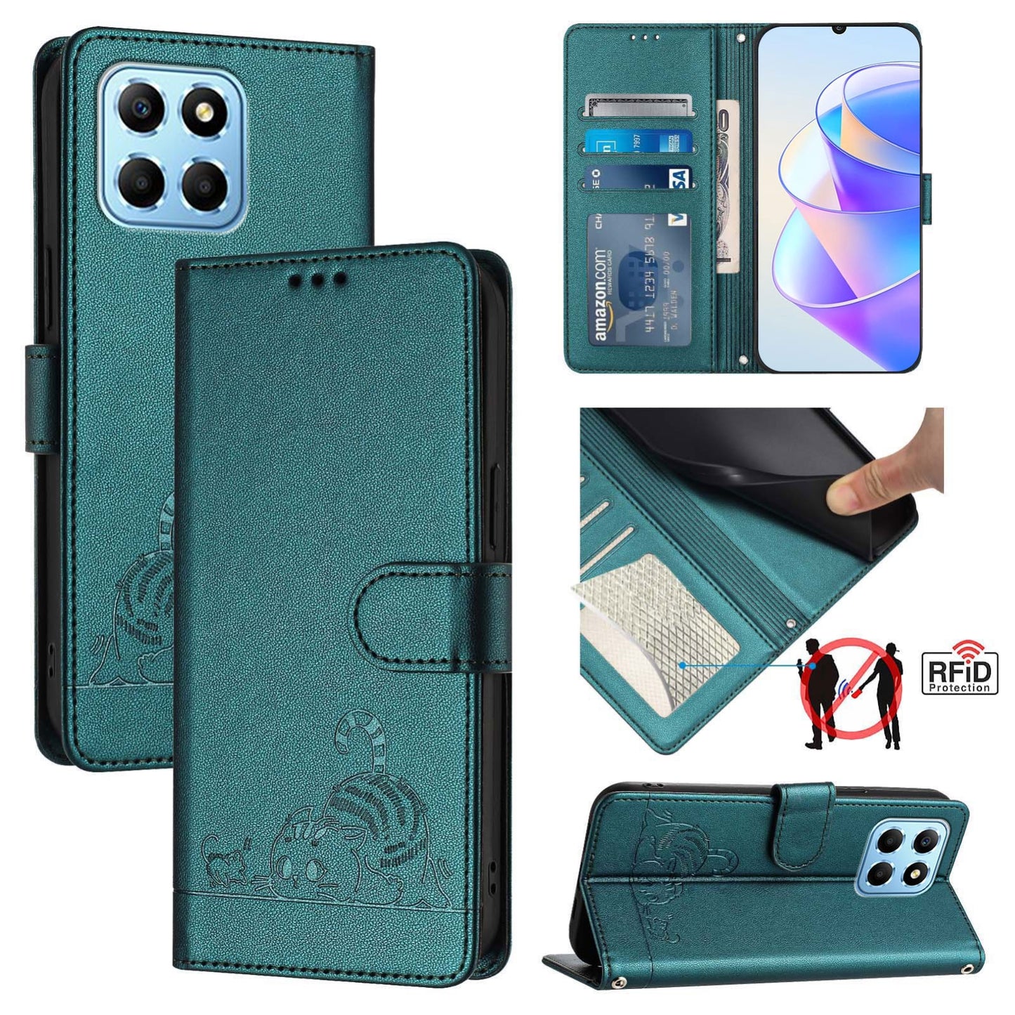 Honor X6s 4G Global Leather Phone Case with Cat and Rat Embossed Pattern, RFID Protection, Card Holder Slots, Anti-fall Feature & Lanyard