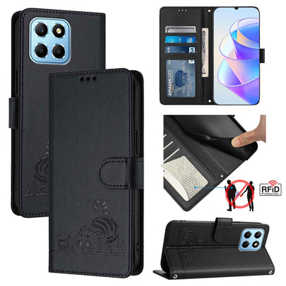 Honor X8a 5G Global Leather Phone Case with Cat and Rat Embossed Pattern, RFID Protection, Card Holder Slots, Anti-fall Feature & Lanyard