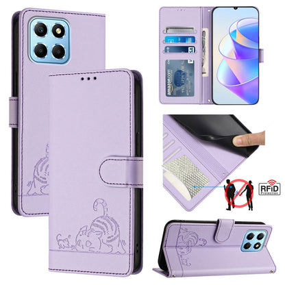 Honor X8a 5G Global Leather Phone Case with Cat and Rat Embossed Pattern, RFID Protection, Card Holder Slots, Anti-fall Feature & Lanyard