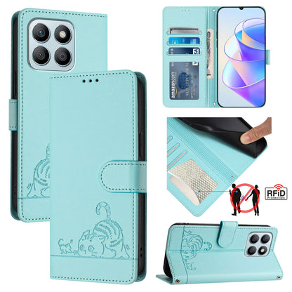 Honor X8b 4G Global Leather Phone Case with Cat and Rat Embossed Pattern, RFID Protection, Card Holder Slots, Anti-fall Feature & Lanyard