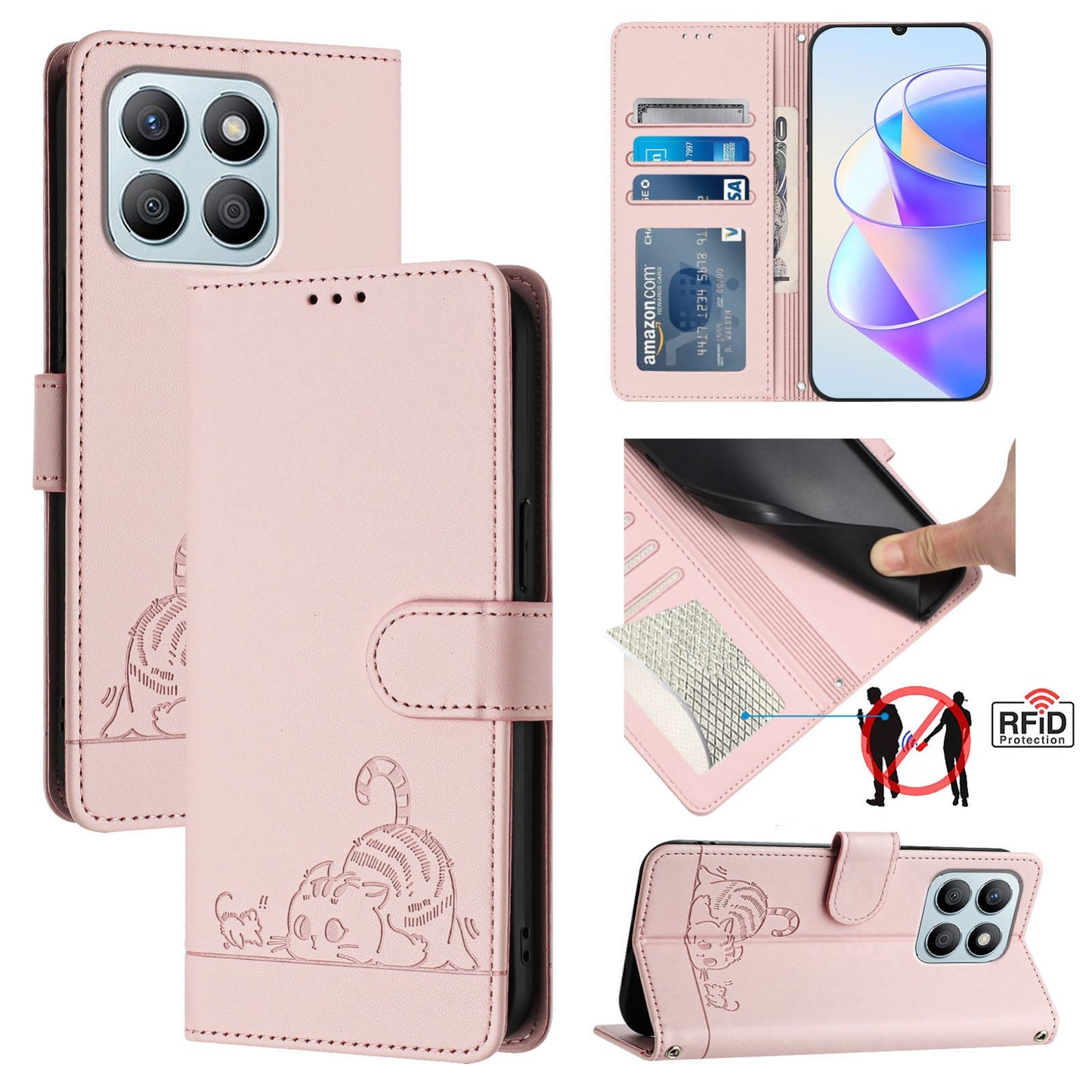 Honor X8b 4G Global Leather Phone Case with Cat and Rat Embossed Pattern, RFID Protection, Card Holder Slots, Anti-fall Feature & Lanyard