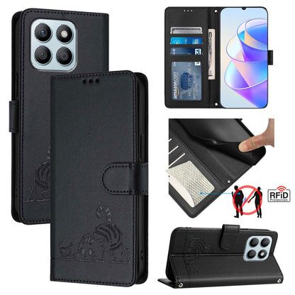 Honor X8b 4G Global Leather Phone Case with Cat and Rat Embossed Pattern, RFID Protection, Card Holder Slots, Anti-fall Feature & Lanyard
