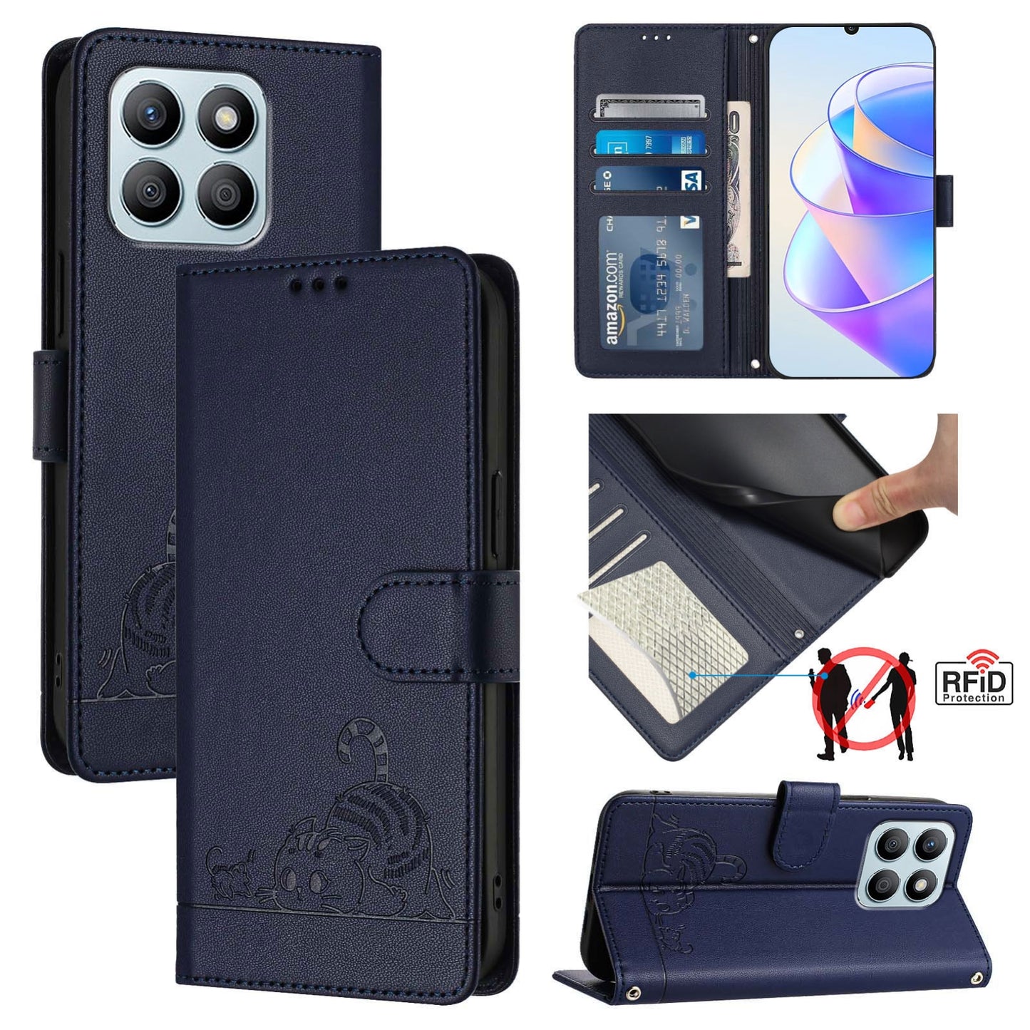 Honor X8b 4G Global Leather Phone Case with Cat and Rat Embossed Pattern, RFID Protection, Card Holder Slots, Anti-fall Feature & Lanyard