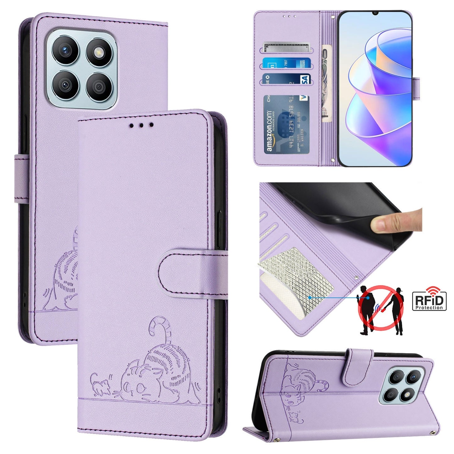 Honor X8b 4G Global Leather Phone Case with Cat and Rat Embossed Pattern, RFID Protection, Card Holder Slots, Anti-fall Feature & Lanyard