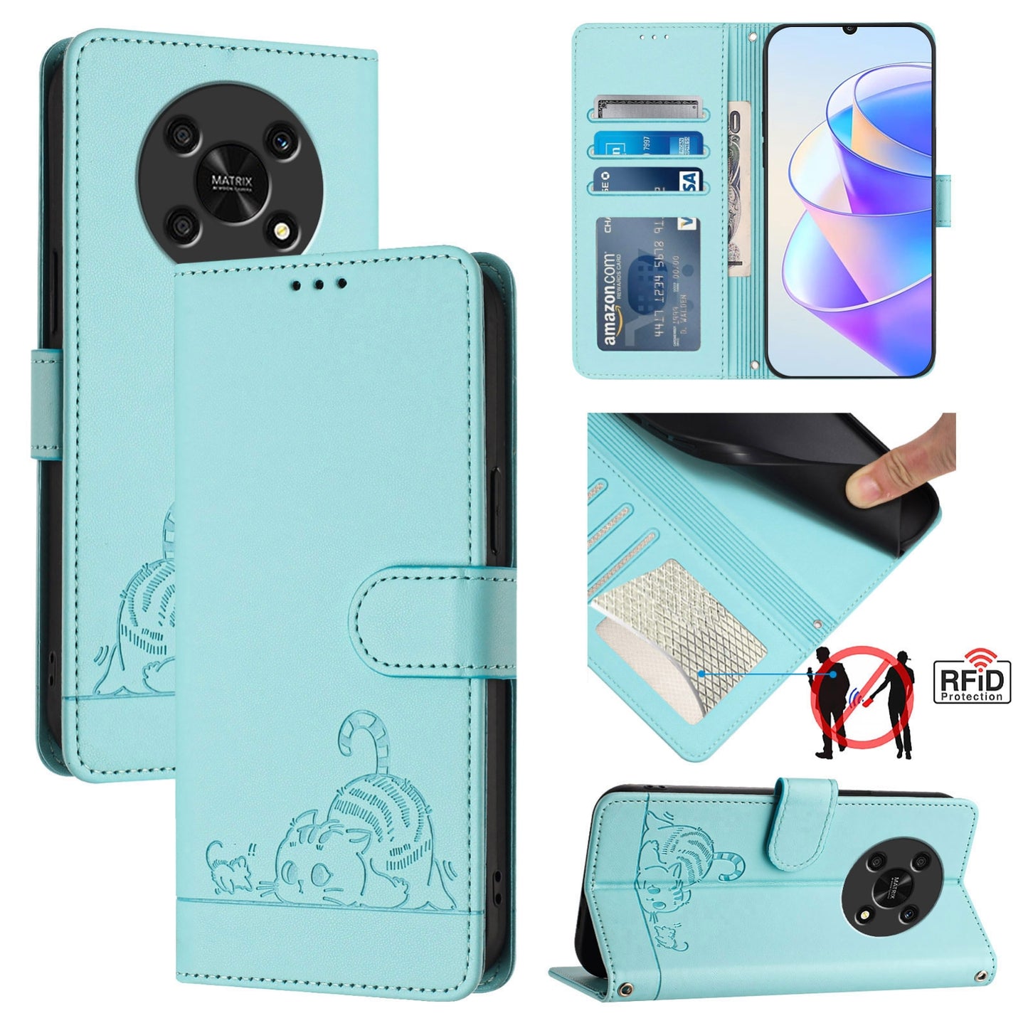 Honor X30 5G Leather Phone Case with Cat and Rat Embossed Pattern, RFID Protection, Card Holder Slots, Anti-fall Feature & Lanyard