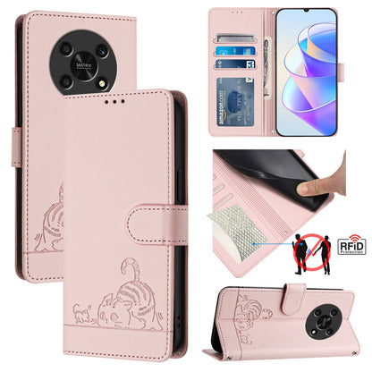 Honor X30 5G Leather Phone Case with Cat and Rat Embossed Pattern, RFID Protection, Card Holder Slots, Anti-fall Feature & Lanyard