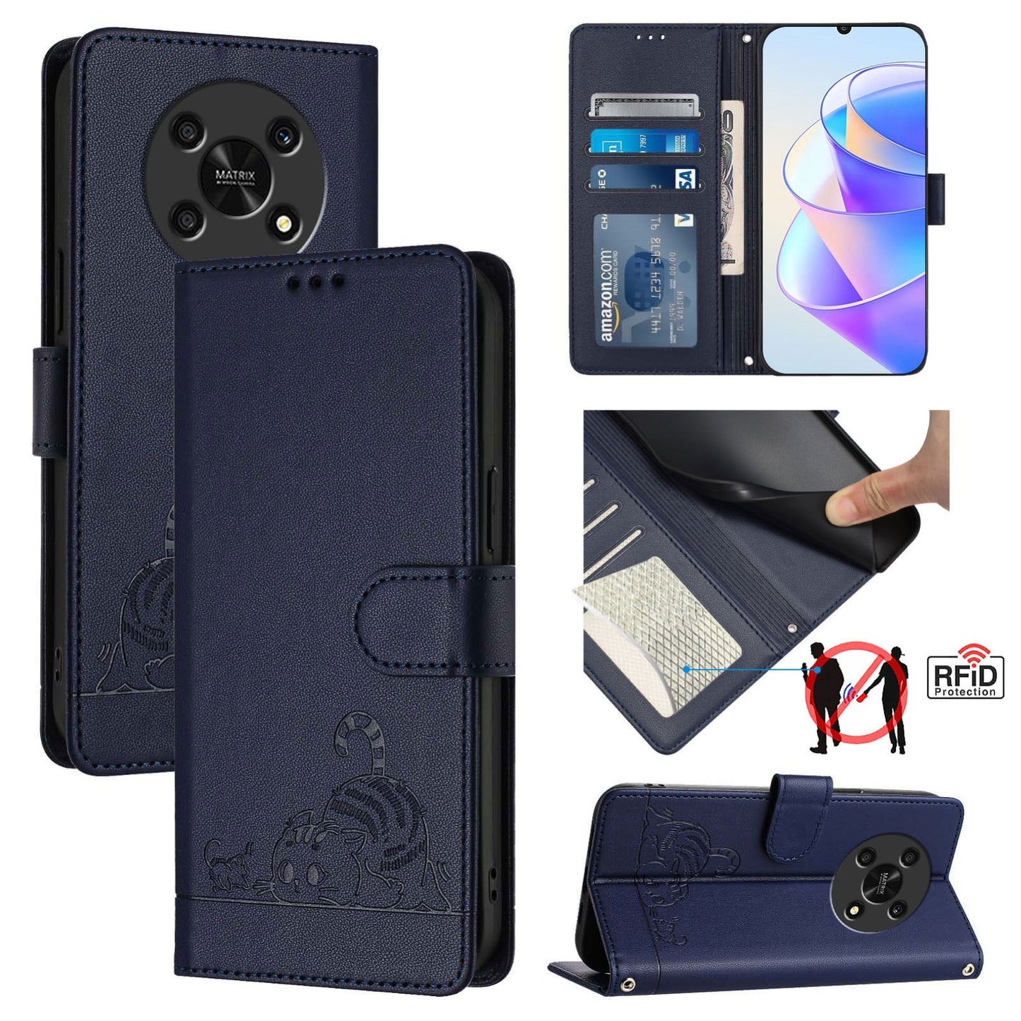 Honor X30 5G Leather Phone Case with Cat and Rat Embossed Pattern, RFID Protection, Card Holder Slots, Anti-fall Feature & Lanyard