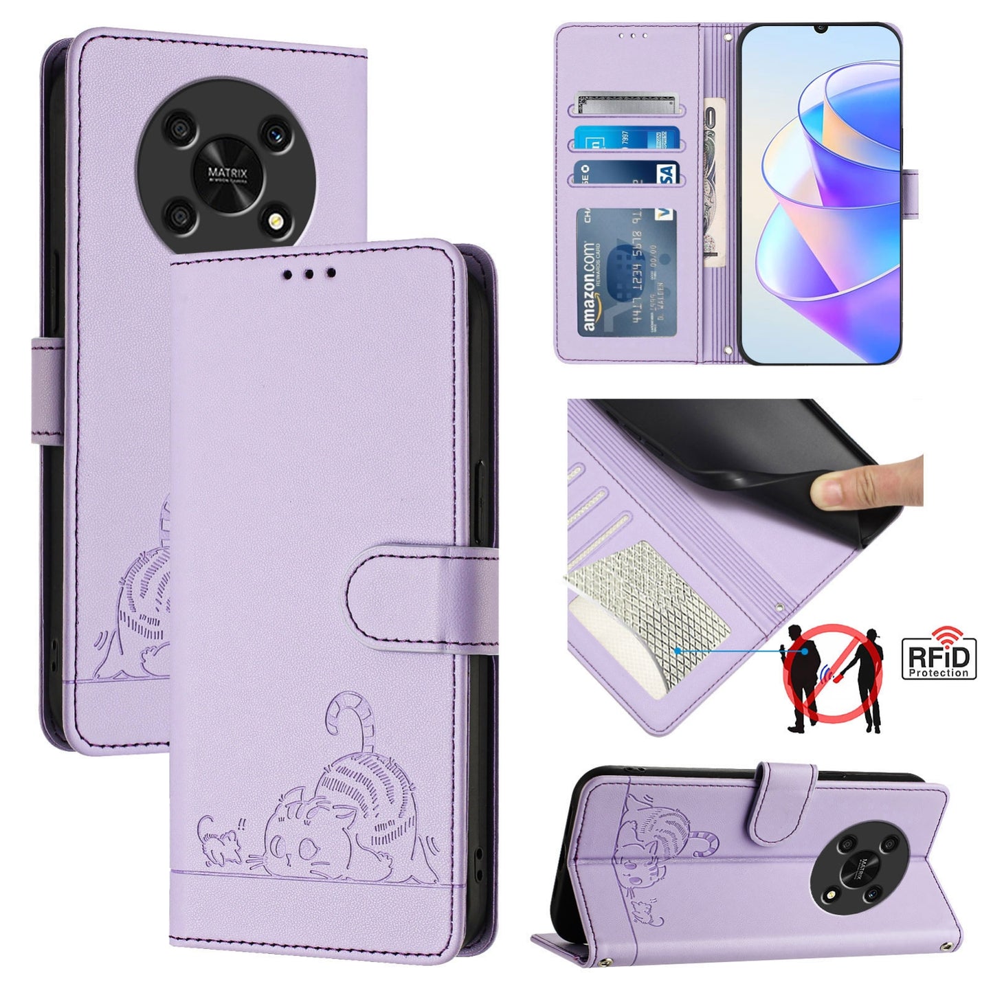 Honor X30 5G Leather Phone Case with Cat and Rat Embossed Pattern, RFID Protection, Card Holder Slots, Anti-fall Feature & Lanyard
