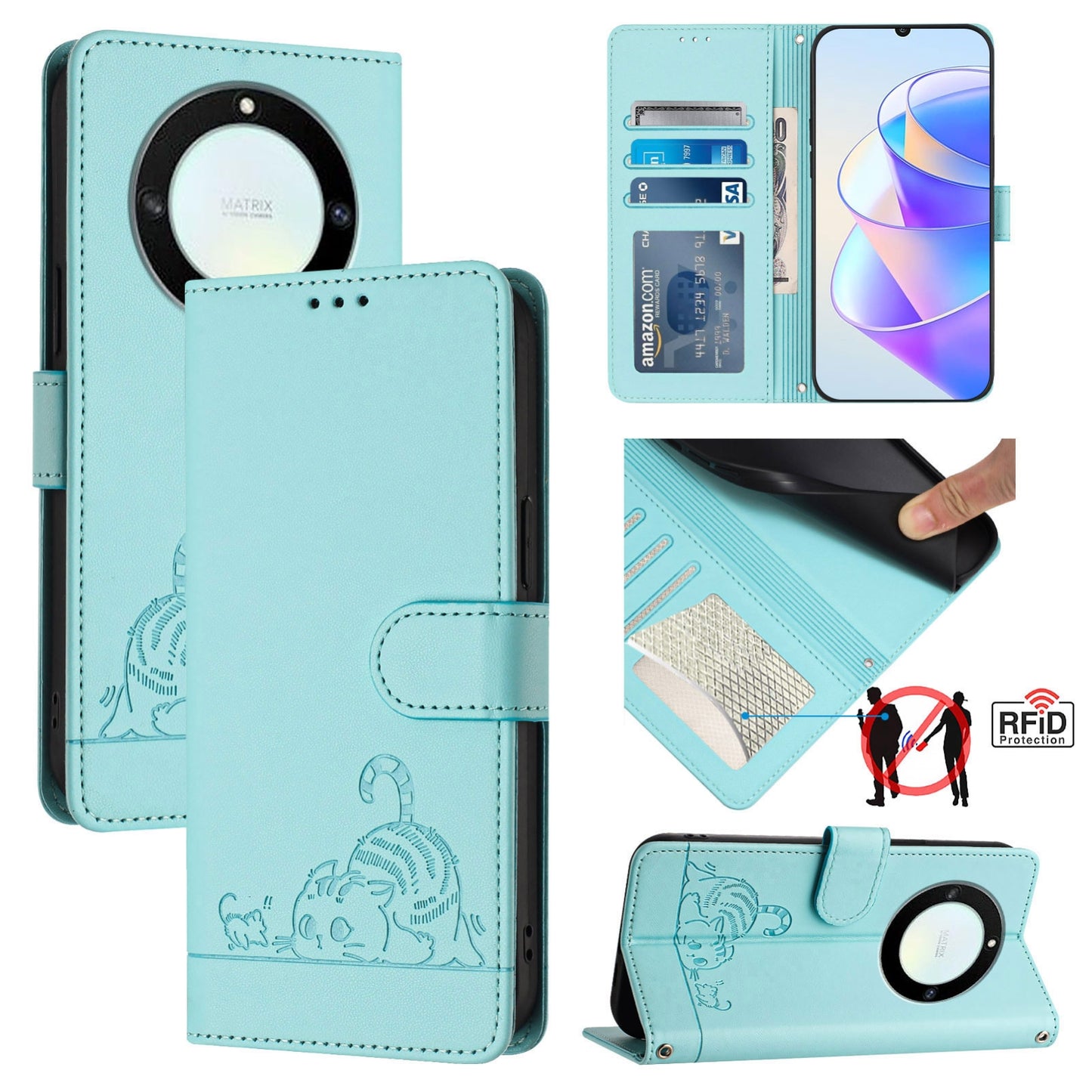 Honor X9a 5G Leather Phone Case with Cat and Rat Embossed Pattern, RFID Protection, Card Holder Slots, Anti-fall Feature & Lanyard