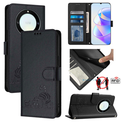 Honor X40 5G Leather Phone Case with Cat and Rat Embossed Pattern, RFID Protection, Card Holder Slots, Anti-fall Feature & Lanyard